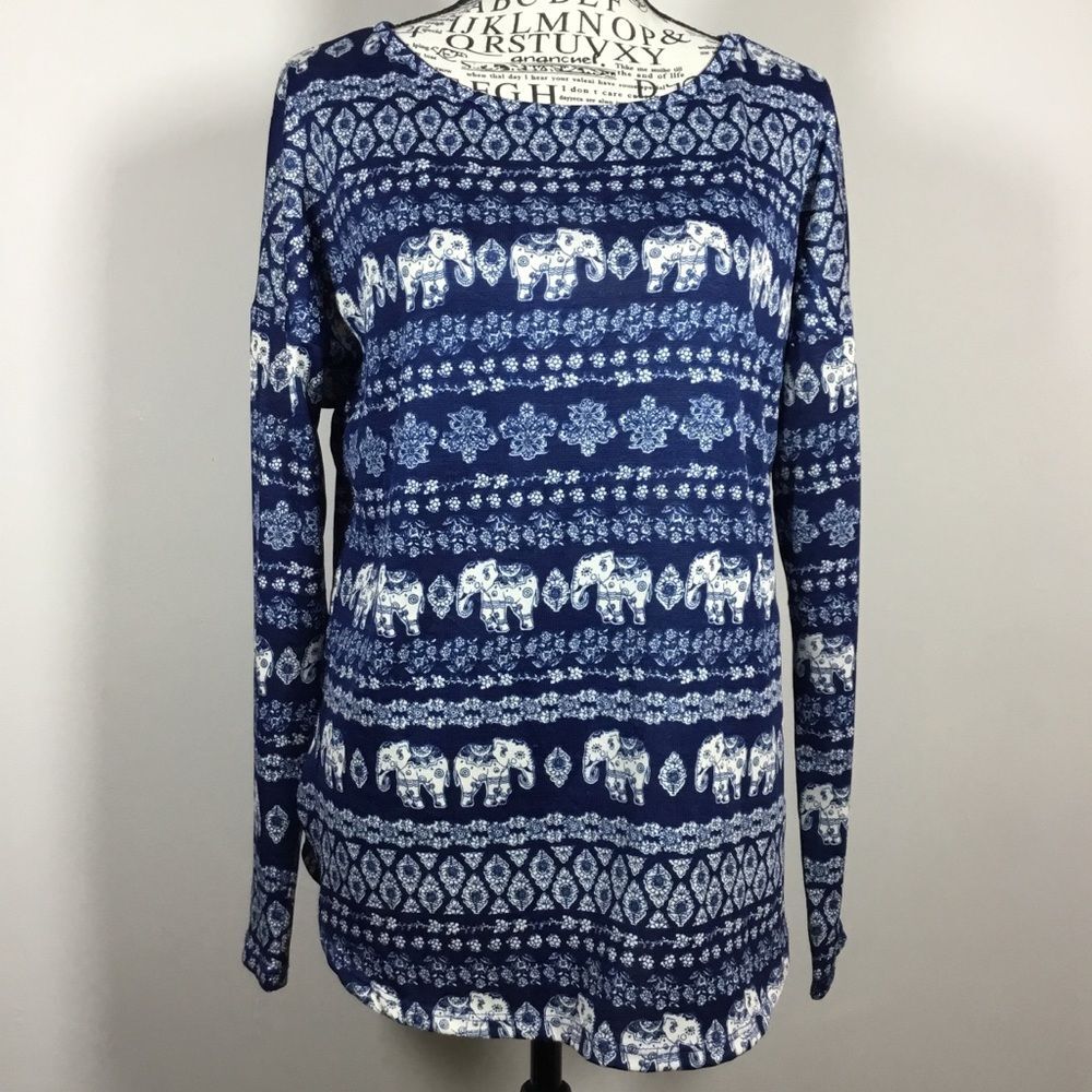 Elephants and henna pattern floral long sleeve top Navy blue and white sz S